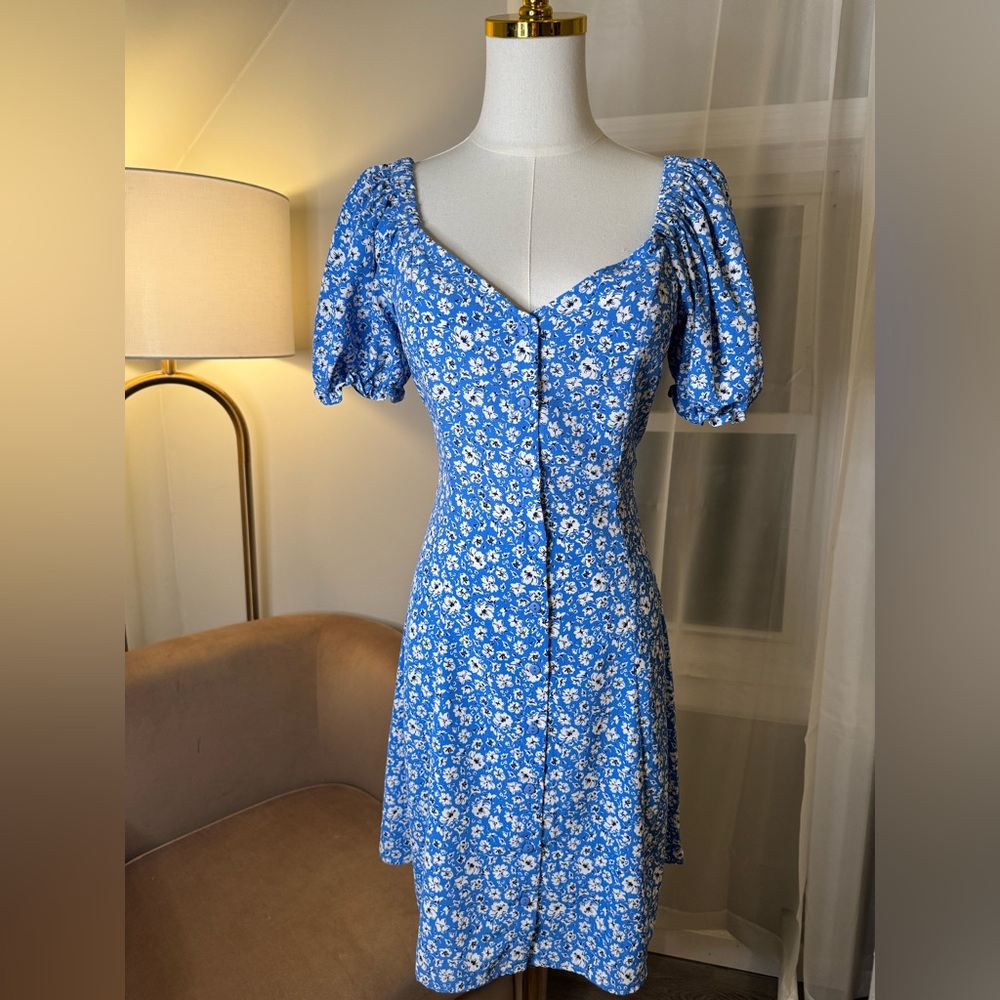MNG | Blue & White Floral Button Front Puff Sleeve Dress